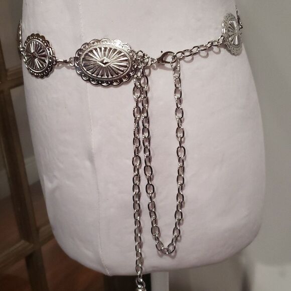 Vintage style Carved Concho Belt Silvery Chain Belts Boho Body Jewelry SZ L nwot - Picture 3 of 5